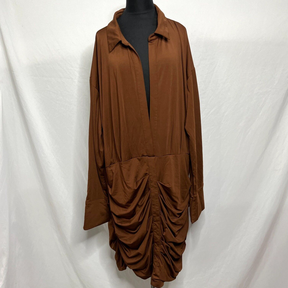 Women's Elegant Long Sleeve Ruched Shirt Dress brown Size 2XL